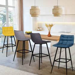 15209 - Set di 4 sgabelli da bar imbottiti in velluto misto Lot de 4 tabourets de bar MADY en velours mix color bleu, gris clair, gris foncé, jaune