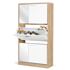 Meuble à chaussures imitation hêtre 3 portes blanches avec miroirs