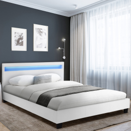 Lit double NEO 140 x 190 CM PVC blanc avec sommier et LED intégrées Lit double NEO 140 x 190 CM PVC blanc avec sommier et LED intégrées