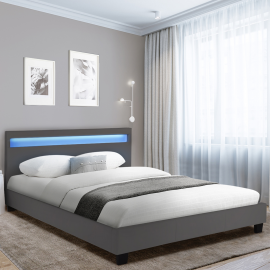 Lit double NEO 140 x 190 CM PVC gris avec sommier et LED intégrées Lit double NEO 140 x 190 CM PVC gris avec sommier et LED intégrées