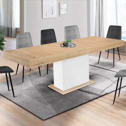 15222 - Tavolo allungabile con gamba centrale in legno e bianco Table à manger extensible rectangle EDEN 6-10 personnes bois et blanc 160-200 cm
