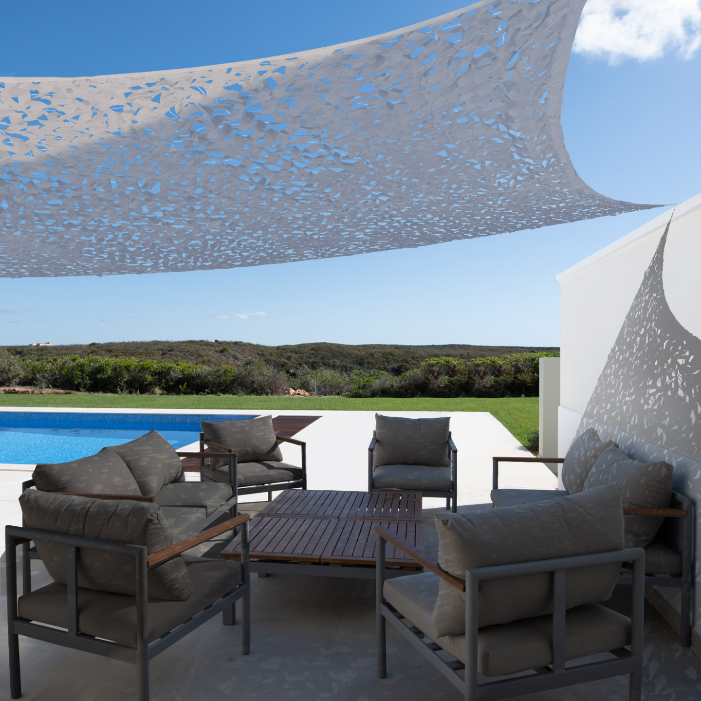 Voile D'Ombrage Rectangulaire Camouflage 4x6m - Blanc, Polyester, Pour Terrasse/Jardin