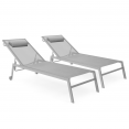 Lot de 2 transats de jardin inclinables en aluminium COZUMEL gris clair et gris avec roulettes