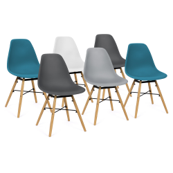 15026 - Set di 6 sedie in stile scandinavo, 4 colori Lot de 6 chaises SANDRA mix color blanc, gris clair, gris foncé x2, bleu canard x2