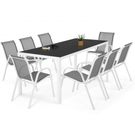 Salon de jardin MADRID table 190 CM et 8 chaises structure blanche plateau gris Salon de jardin MADRID table 190 CM et 8 chaises structure blanche plateau gris