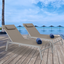 Lot de 2 transats de jardin inclinables en aluminium COZUMEL taupe et gris avec roulettes