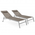 Lot de 2 transats de jardin inclinables en aluminium COZUMEL taupe et gris avec roulettes