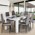Ensemble table à manger 140 cm blanche et grise et 6 chaises grises liseré blanc