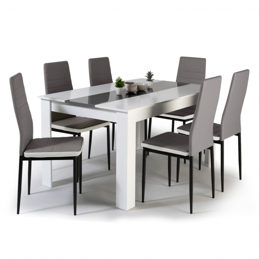 Ensemble table à manger 140 cm blanche et grise et 6 chaises grises liseré blanc