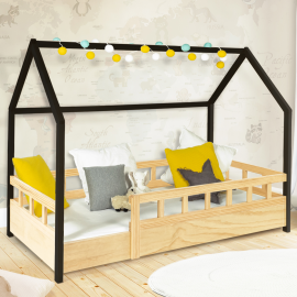 Lit cabane enfant 80 x 160 CM NEREE bois et noir avec sommier et barrières