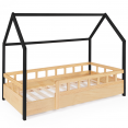 Lit cabane enfant 80 x 160 CM NEREE bois et noir avec sommier et barrières