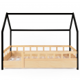 Lit cabane enfant 80 x 160 CM NEREE bois et noir avec sommier et barrières