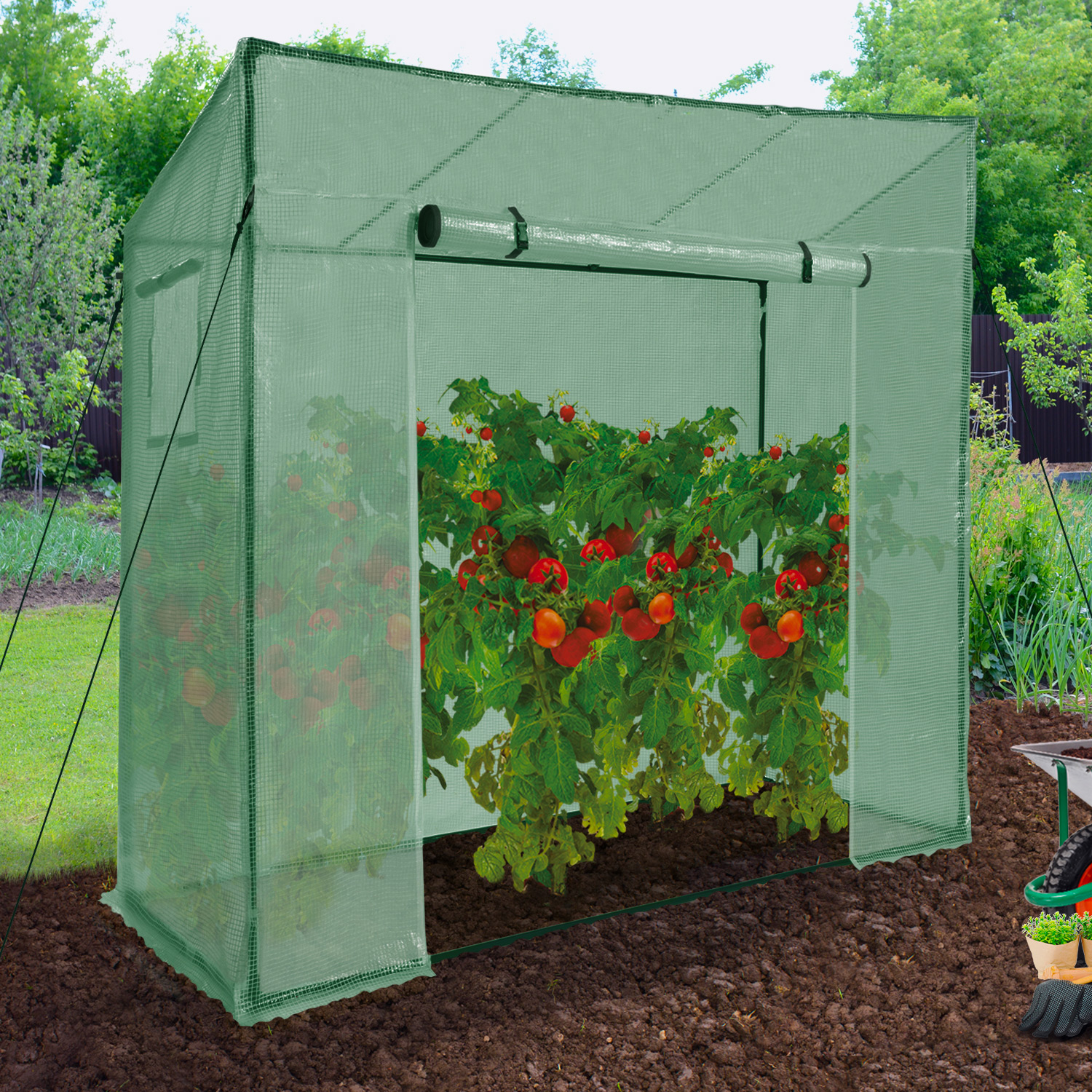 Serre de jardin verte avec porte et fenêtres relevables