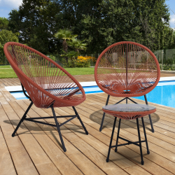 15125 - Set di mobili da giardino in filo di plastica color terracotta Salon de jardin IZMIR table et 2 fauteuils œuf cordage terracotta