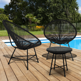 Salon de jardin IZMIR table et 2 fauteuils oeuf cordage noir Salon de jardin IZMIR table et 2 fauteuils oeuf cordage noir