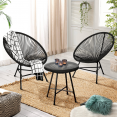 Salon de jardin IZMIR table et 2 fauteuils oeuf cordage noir