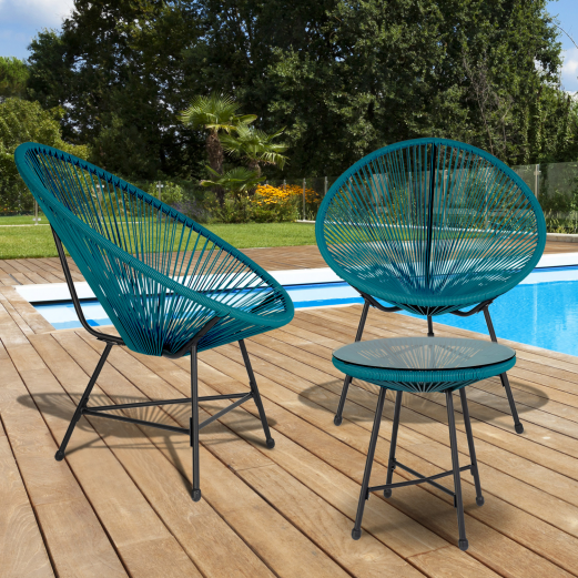 Izmir muebles de jardín mesa y 2 sillones pato azul cuerda huevo