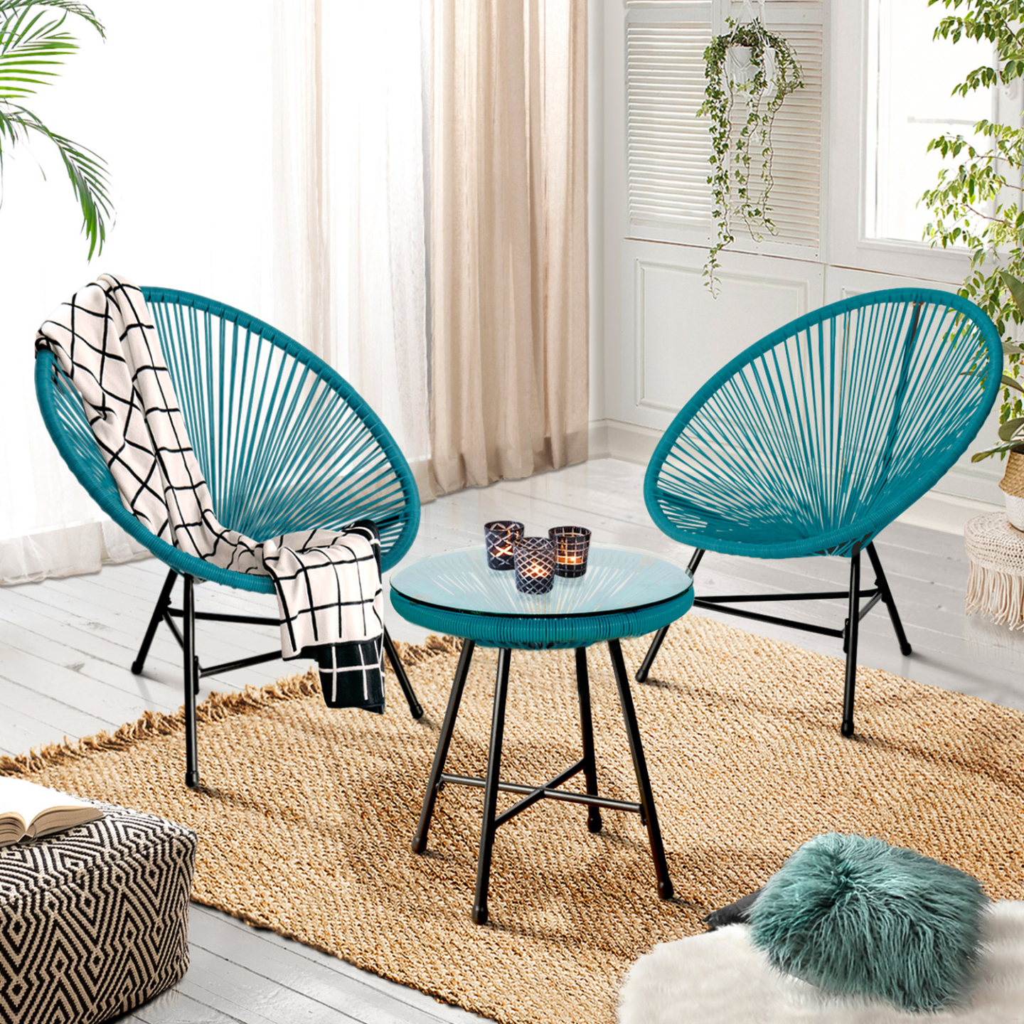 Salon De Jardin IDMarket Izmir - Table Et 2 Fauteuils Œuf Cordage Terracotta | Plateau Verre Trempé