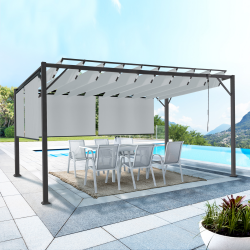 15092 - Pergola in acciaio a lamelle orientabili 3x4 m con 4 tende da sole grigio chiaro Pergola LUXE lames orientables CEFALU 3x4 M et 4 stores gris clair