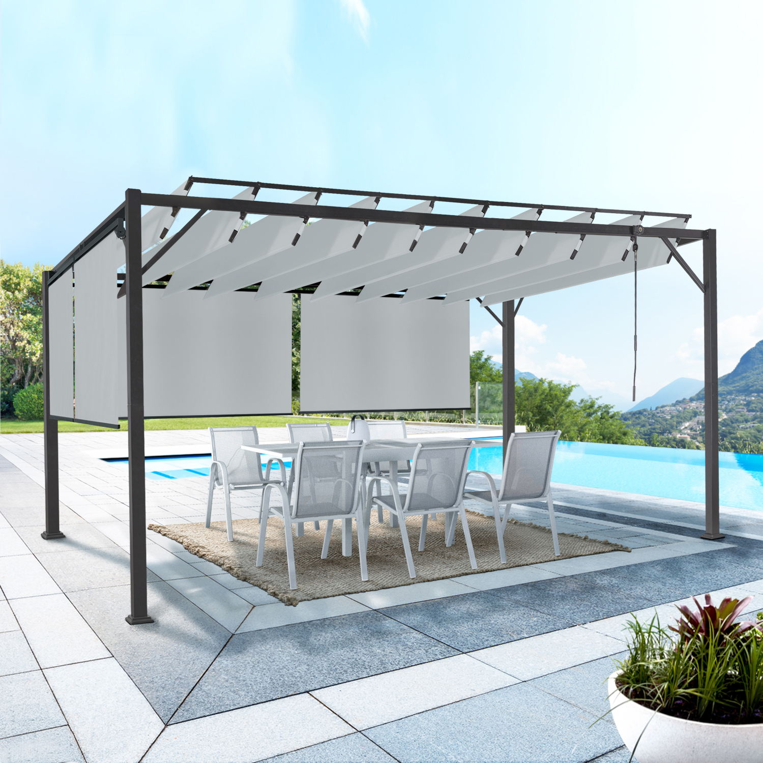 Pergola acier lames orientables 3x4 m avec 4 stores gris clair