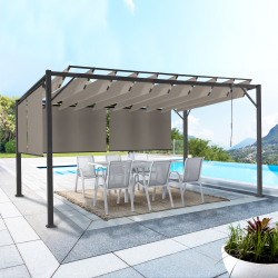 15095 - Pergola in acciaio a lamelle orientabili 3x4m con 4 tende da sole color tortora Pergola LUXE lames orientables CEFALU 3x4 M et 4 stores taupe