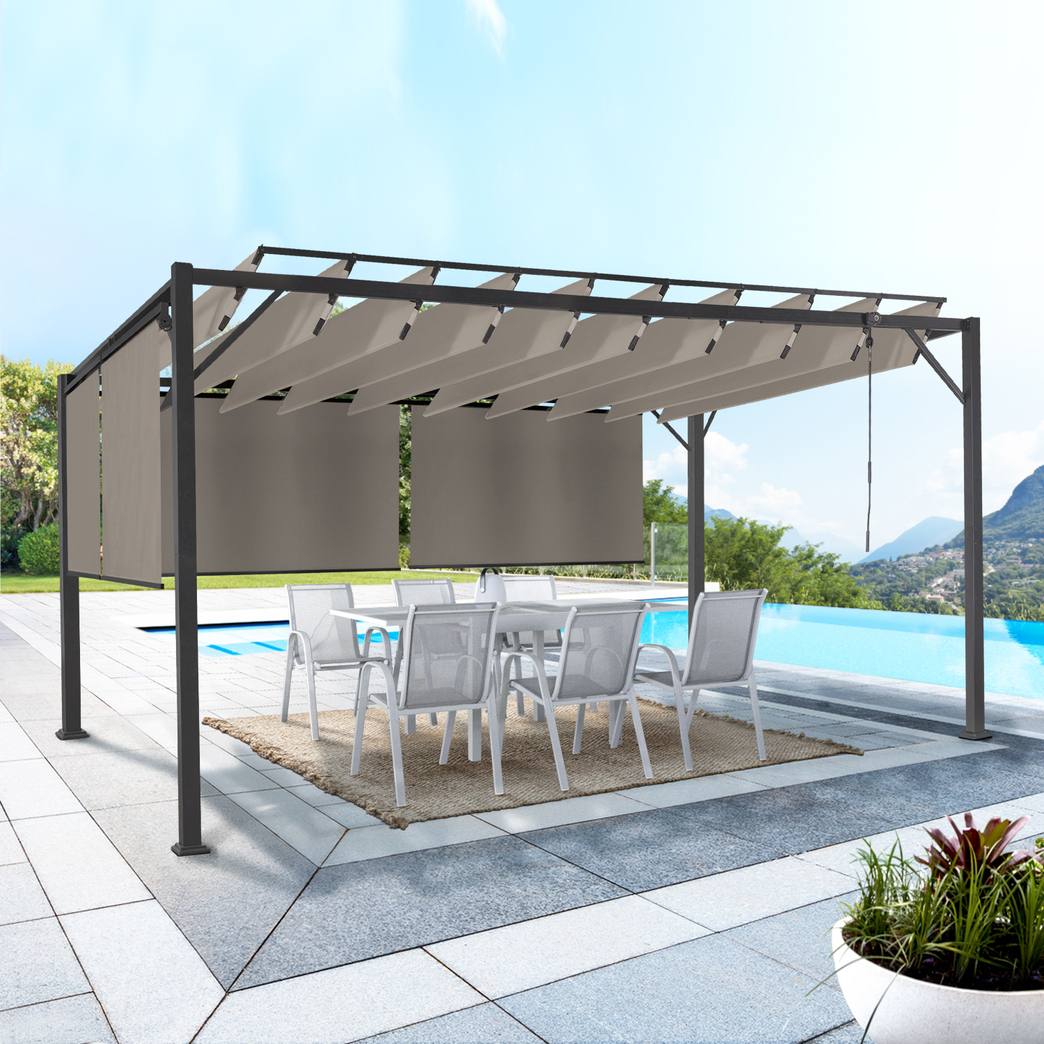 Pergola acier lames orientables 3x4m avec 4 stores taupe