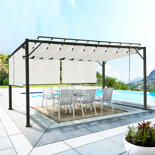 Pergola LUXE lames orientables CEFALU 3x4 M et 4 stores écrue