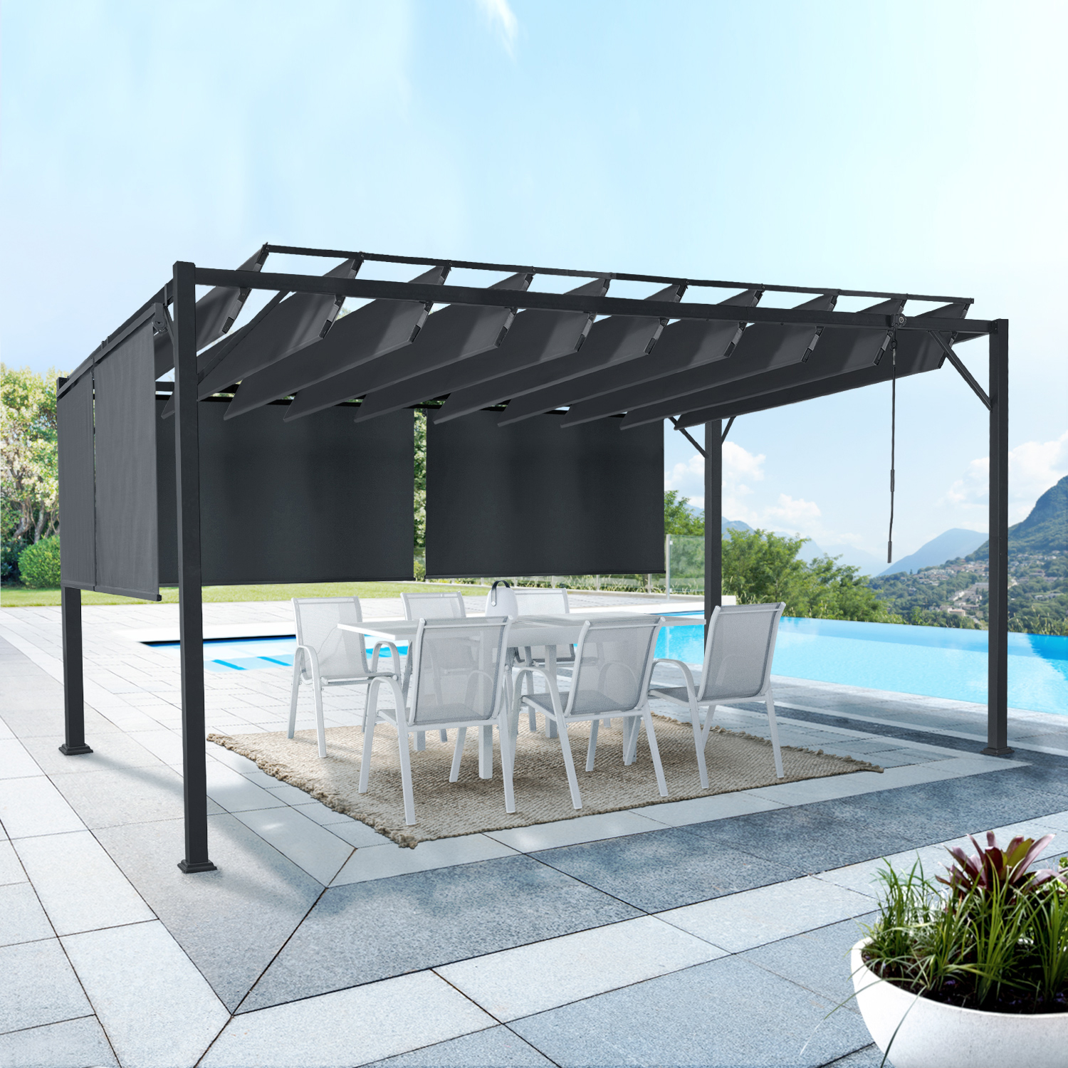 Pergola lames orientables et stores gris anthracite