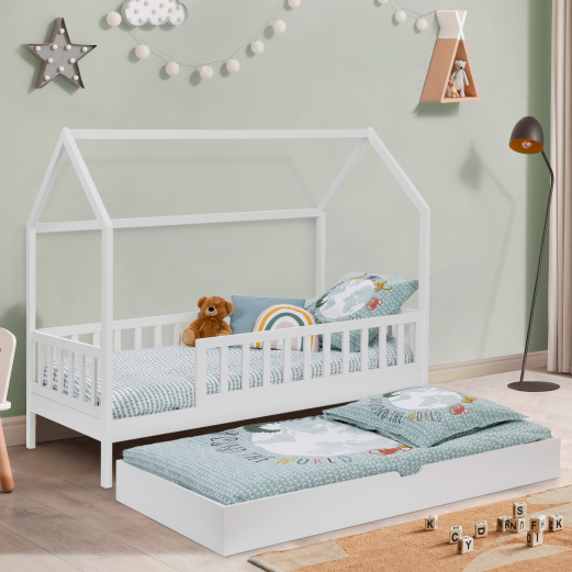 Lit cabane enfant 80 x 160 CM NEREE blanc avec 1 tiroir lit gigogne