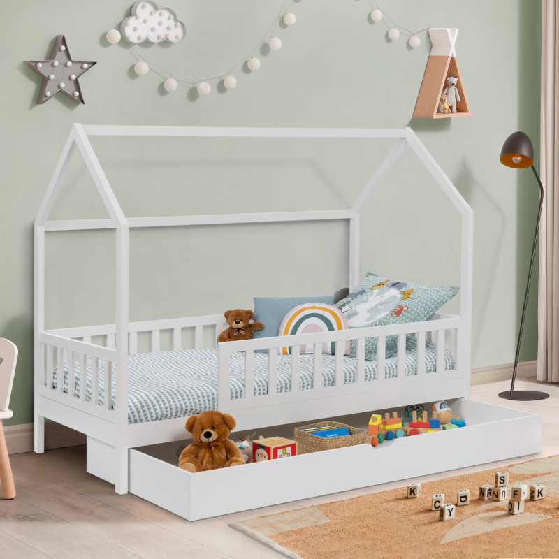 Lit cabane avec tiroir 80x160 cm blanc pour enfant - NEREE