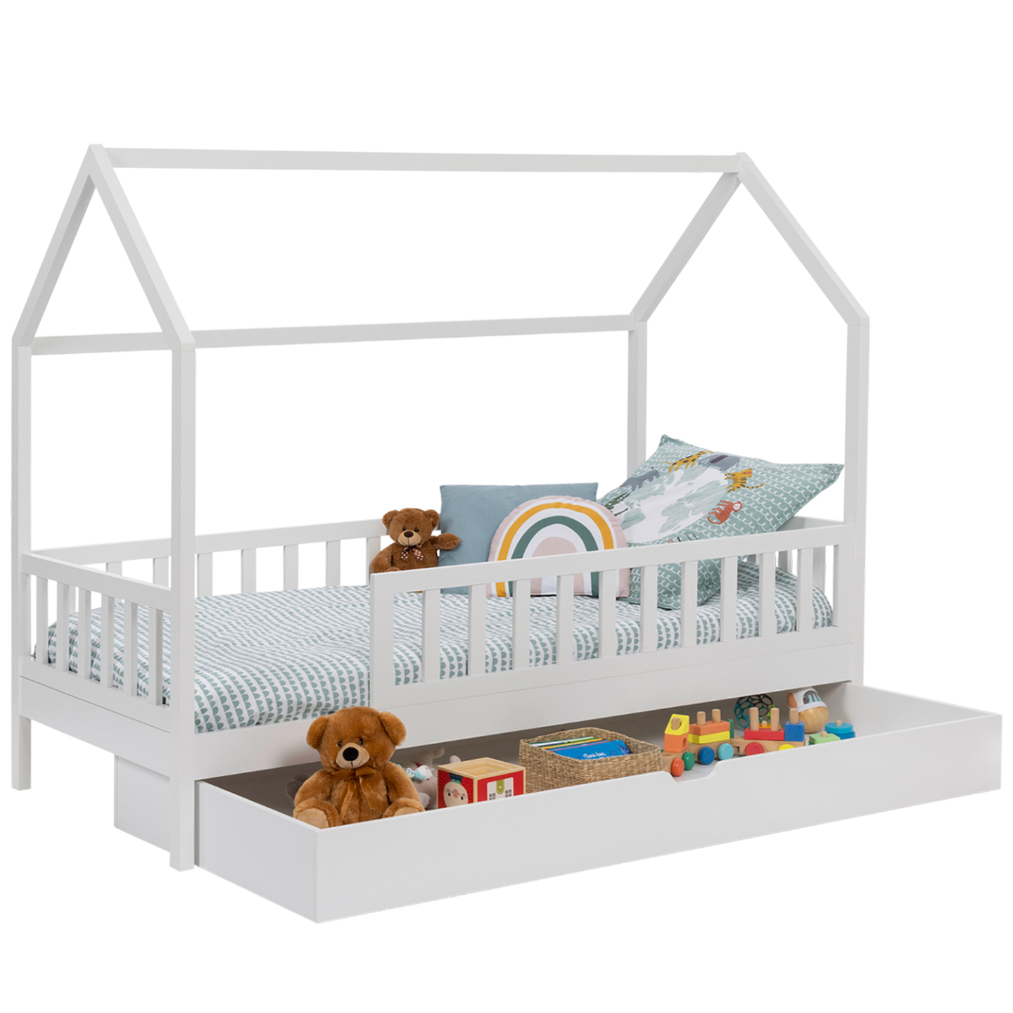 Letti a castello per bambini separabili - 2x90x200 cm - 2 cassetti - struttura in pino bianco - rete a doghe - barriere di sicurezza - MERAX | Leroy Merlin