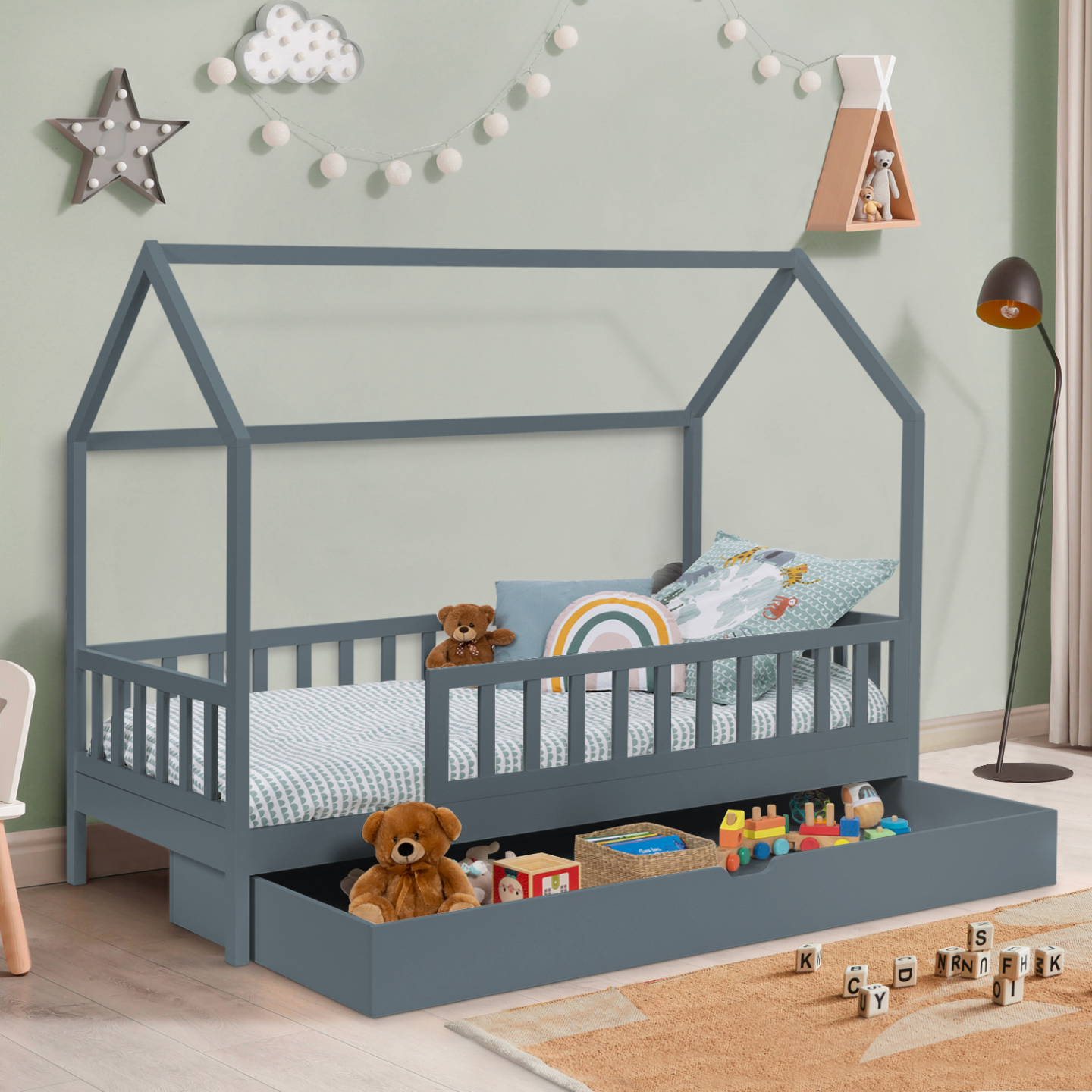Lit Cabane Enfant En Pin Massif Gris - 70x140 Cm Avec Tiroir De Rangement - Cadre Maison Avec Espace Intime