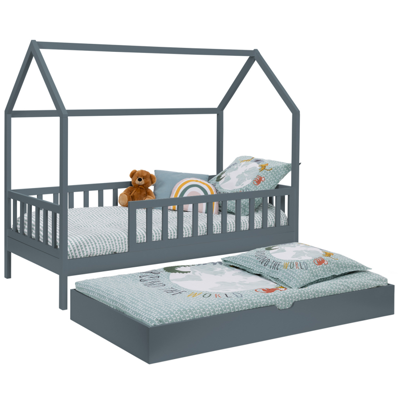 Lit cabane enfant 80 x 160 cm NEREE gris avec sommier et barrières