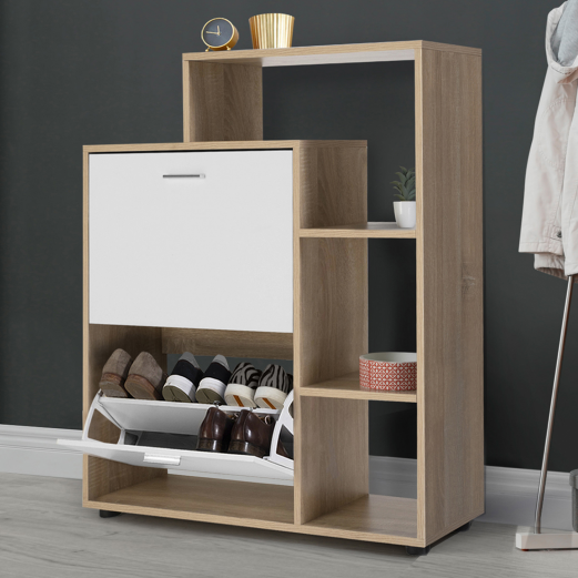 Meuble à chaussures imitation hêtre 2 portes blanches avec étagère