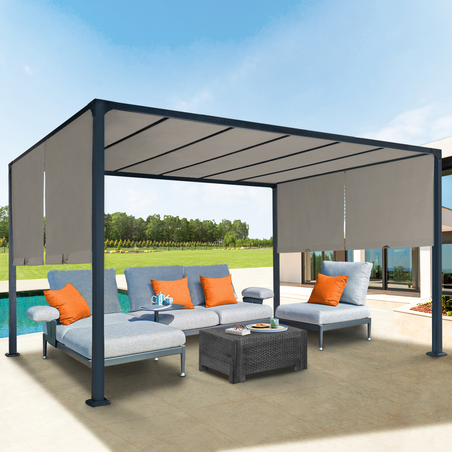 Pergola avec rideaux coulissants taupe 3x4m