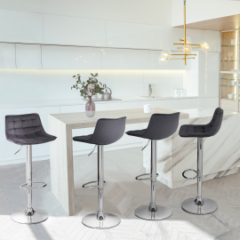 Lot de 4 tabourets de bar JOE pied réglable en velours gris anthracite Lot de 4 tabourets de bar JOE pied réglable en velours gris anthracite