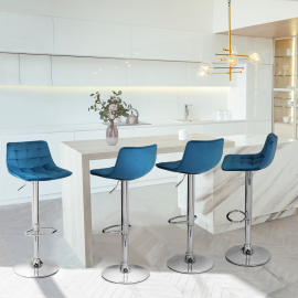 Lot de 4 tabourets de bar JOE pied réglable en velours bleu canard Lot de 4 tabourets de bar JOE pied réglable en velours bleu canard