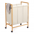 Panier à linge bambou ALBIN avec roulettes 3 compartiments en tissu écru