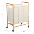 Panier à linge bambou ALBIN avec roulettes 3 compartiments en tissu écru