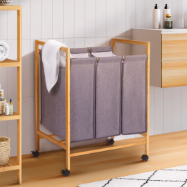 Panier à linge 3 compartiments en bambou ALBIN tissu gris avec roulettes