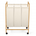 Panier à linge bambou ALBIN avec roulettes 3 compartiments en tissu écru
