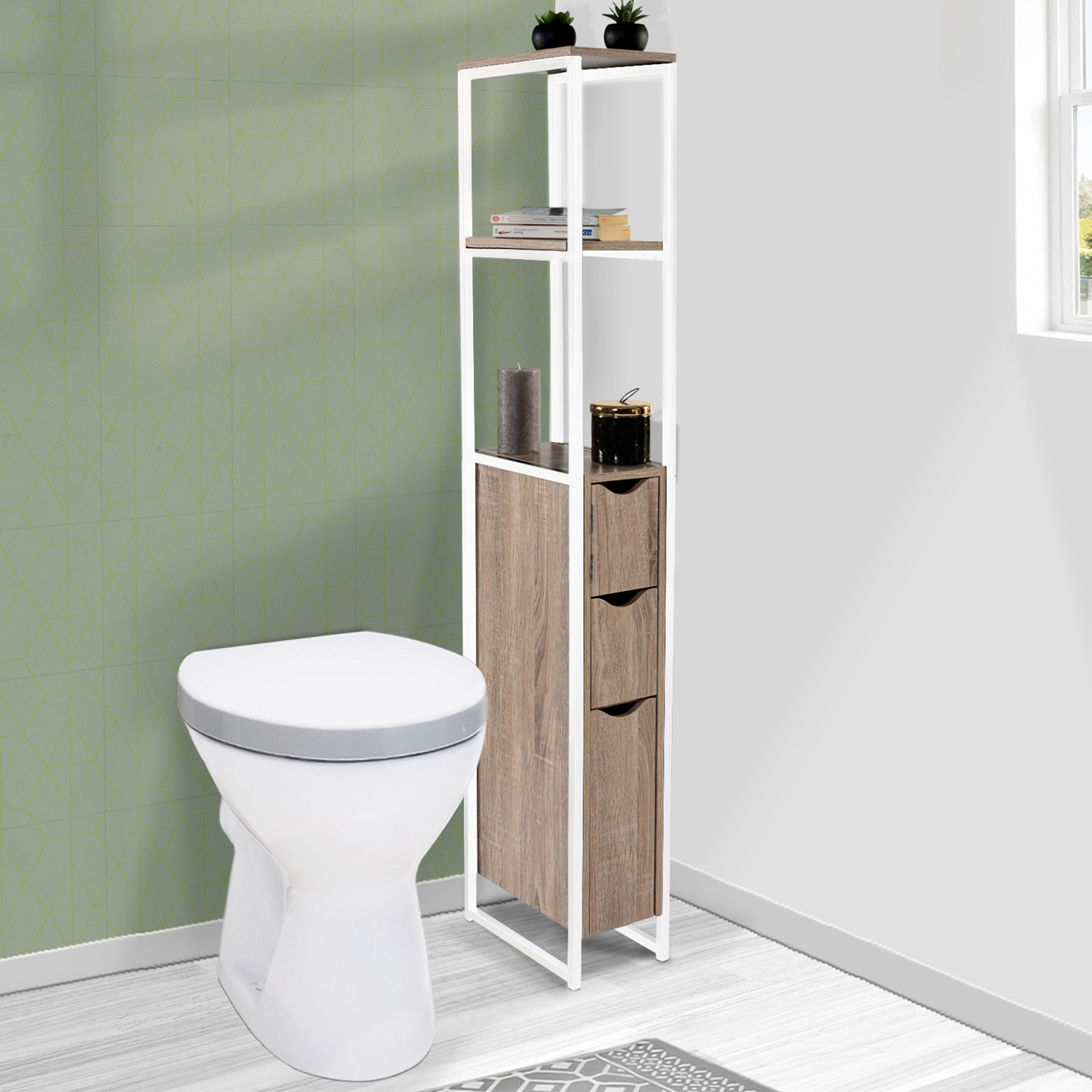 Meuble WC industriel métal blanc et bois avec étagère et 3 portes ID