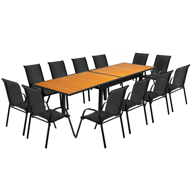 Salon de jardin POLY extensible table 135/270 cm et 12 chaises bois et noir