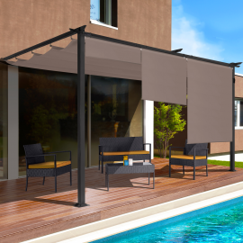 Pergola adossée premium ALIA 3x4 M toit rétractable et 3 stores taupe Pergola adossée premium ALIA 3x4 M toit rétractable et 3 stores taupe