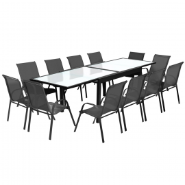 Salon de jardin MADRID table extensible 135-270 CM et 12 chaises empilables gris anthracite Salon de jardin MADRID table extensible 135-270 CM et 12 chaises empilables gris anthracite