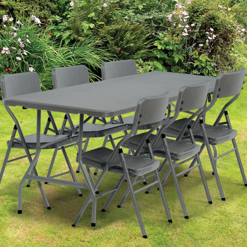 Table pliante d'appoint effet résine tressée grise 180 cm pour camp...