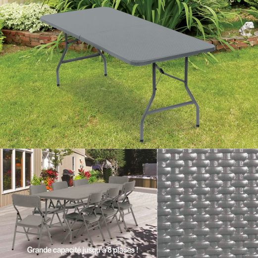 Table pliante d'appoint effet résine tressée grise 180 cm pour camping ou réception Table pliante d'appoint effet résine tressée grise 180 cm pour camping ou réception