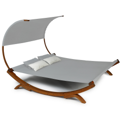15152 - Doppel-Sonnenliegebett hellgrau Lit de jardin en bois avec toile gris clair et auvent