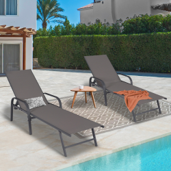 15220 - Set di 2 poltrone reclinabili da giardino in acciaio grigio e tessuto grigio Lot de 2 transats de jardin en acier FIDJI structure gris anthracite toile textilène grise