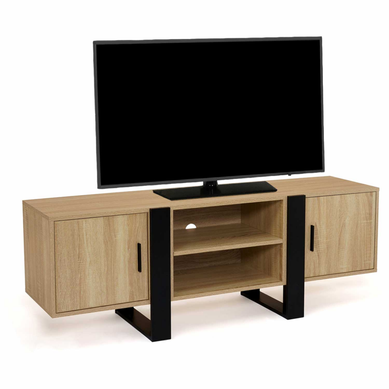 Meuble TV 140 Cm HOMCOM - Pour Téléviseur Jusqu'à 65", 2 Portes, 2 étagères Ouvertes, Réglable - Chêne, Pin Massif